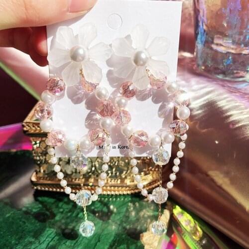 New Arrived Korean Elegant Acrylic Flower Drop Earrings Pink Beads Tassel Pendientes Mujer Moda Statement Jewelry