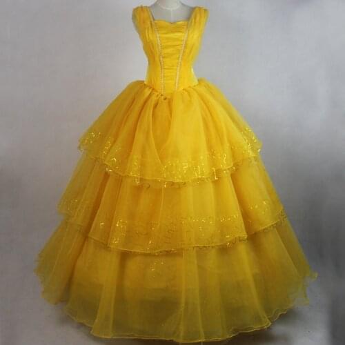 New Movie Woman And Beast Cosplay Costume Belle Gorgeous Yellow Dress Fancy Halloween Carnival Ball Gown Dresses