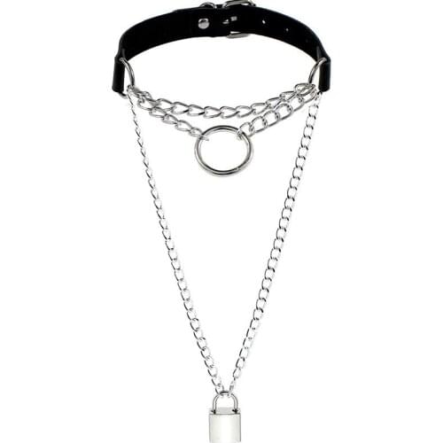 Multilayer Gothic Lock Necklace Round on Neck buckle Punk Choker collar padlock Pendant Necklaces Chain Women femme Jewelry
