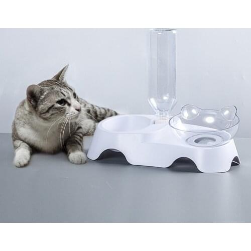 Pet Cat Elevated Bowls Durable Double Bowls Raised Stand Cat Feeding & Watering Supplies Dog Feeder with Water Dispenser Plastic