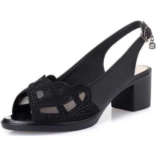 New Classic Womens Sandals Really Soft Leather Summer Mesh Fish Mouth Black Heel Semi-High Heeled Hollow out Soft Bottom Shoes
