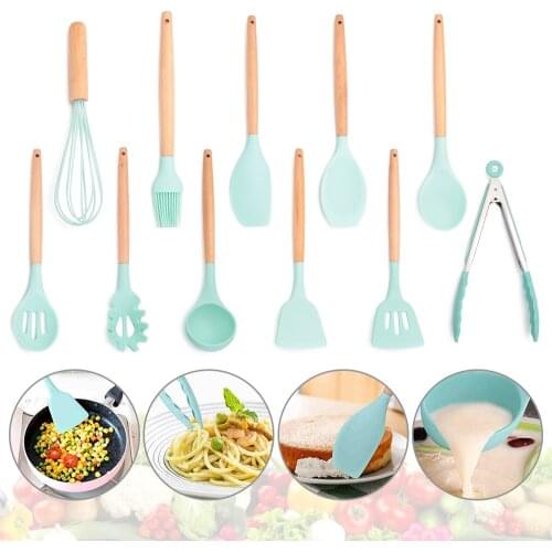 1PC Silicone Non-stick Cooking Utensil Wooden Handle Tableware Soup Spoon Spatula Pasta Colander Brush Home Kitchen Accessory