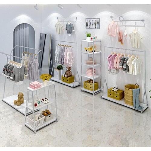 Childrens clothing store display rack clothing floor shelf silver simple wall side hanging clothes rack