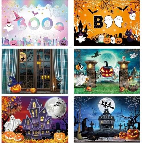 Boo Happy Halloween Party Backdrop Pumpkin Lantern Witch Ghost Bat Spider Web Trick Night Full Moon Castle Photo Background