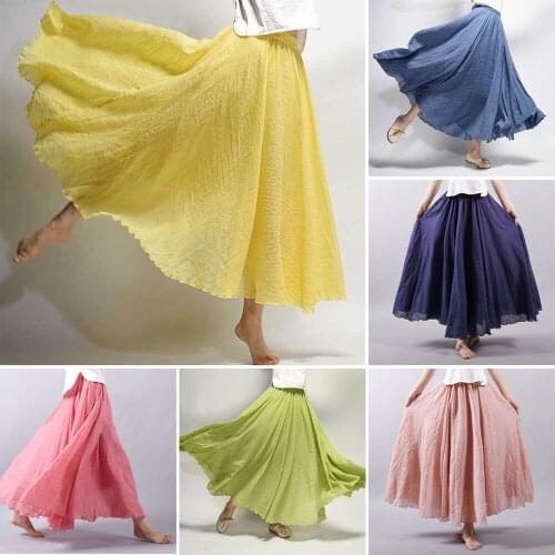 Womens Ladies Summer Linen Cotton A-line Elastic High Waist Long Skirt Boho Solid Maxi Dress Beach Sundress Pleated Skirts