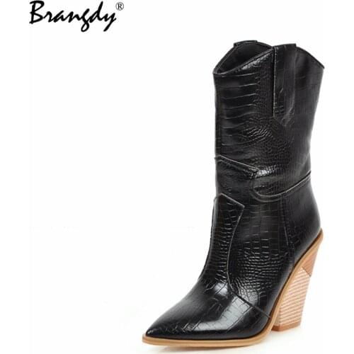 Brangdy New Ankle Boots Ladies Thick High Heels Fashion Pointed Toe Slip on Short Cowboy Shoes Winter Women Sexy Bootties
