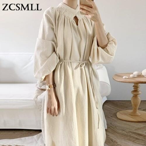 ZCSMLL Korea Chic Elegant One-button Hollow Design Lace-up Waist Lantern Sleeve Slit Women Long Dress Female 2021 spring