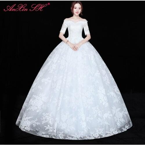 AXJFU princess rose flower lace white wedding dress vintage boat neck half sleeve turkey bride ruffles lace wedding dress