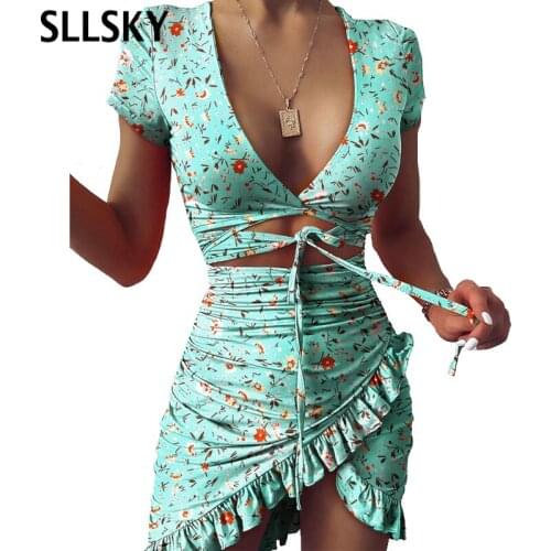 SLLSKY Floral Print Fashion Tie Up Wrap Dress Women Summer V-Neck Holiday Lrregular Ruffles Hollowing Out Dress Short Sleeve