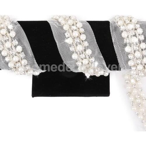 1yd 3 Row Fake Pearl Crystal Beaded Ribbon Costume Beads Ribbon Sewing Craft