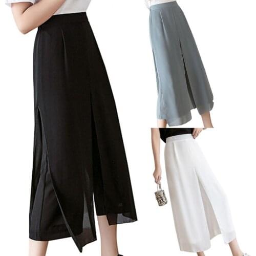 Casual Women Pants Solid Color High Waist Wide Leg Fake Two Pieces Loose Slacks Trousers for Daily Life