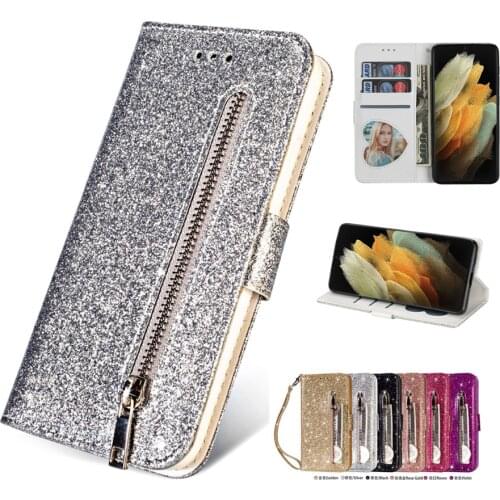 Flip Wallet Leather Case for Samsung Galaxy S21 FE S20 Ultra Note 8 9 10 20 M31S M51 Glitter Bling Card Slot Shockproof Cover