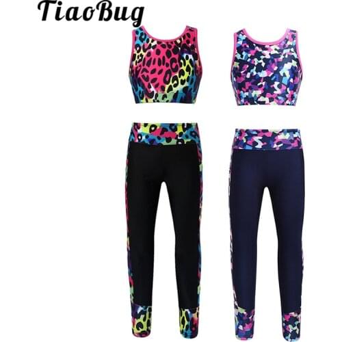 Kids Girls Ballet Dance Wear Gymnastics Clothes Digital Print Mesh Crop Top with Leggings Pants Fitness Sets Performance Costume