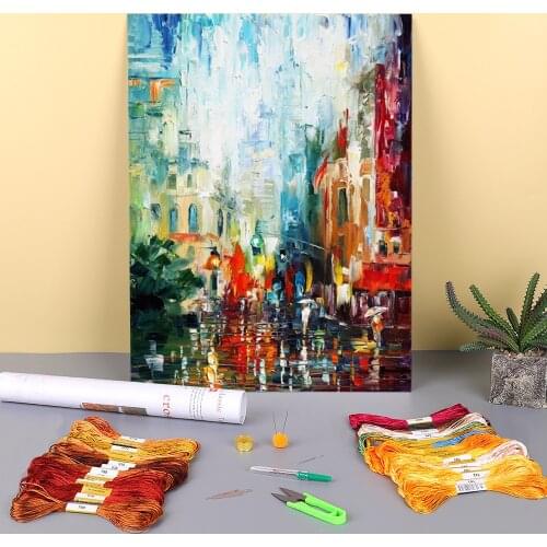 Oil Painting Style New York Printed Fabric 11CT Cross Stitch DIY Embroidery Full Kit DMC Threads Needlework Adults