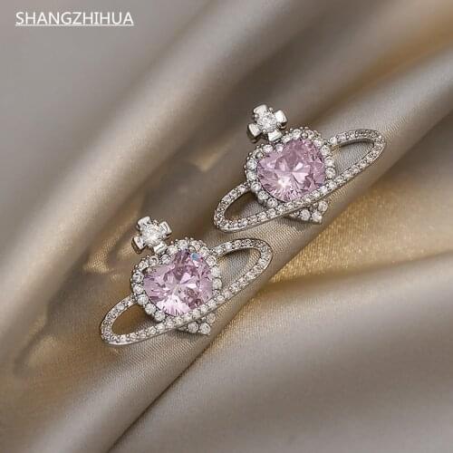 Korean fashion Purple heart crystal earrings for women with elegant Saturn Rhinestone unusual jewelry gift accessories