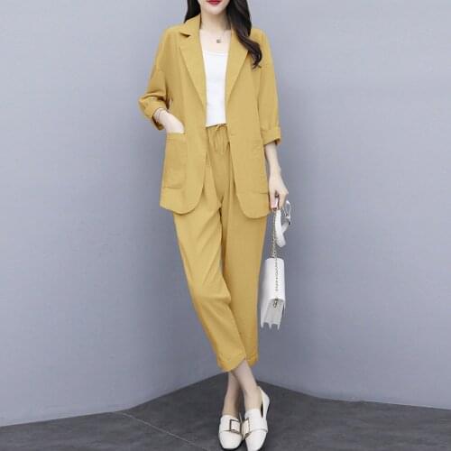 Womens Pants Suit Office Lady Two Pieces Sets Solid Korean Loose Cotton And Linen Blazers And Trousers Sets Plus Size 4XL W1962