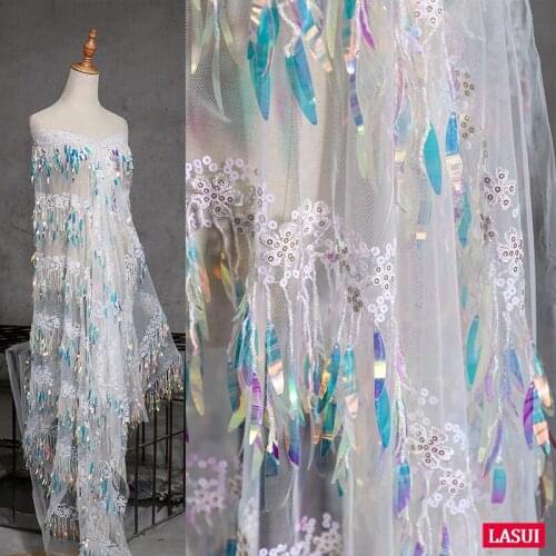 LASUI NEW 1 yard=1 piece W0129 Fashion designer fabrics dazzle evening dress 3D flower+Tassel sequins embroidery lace fabric