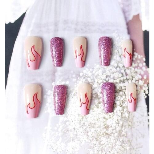 24pcs Purple Flame Nail Patch Glue Type Removable Long Paragraph Fashion Manicure Save Time False Nail Patch Fake Nails