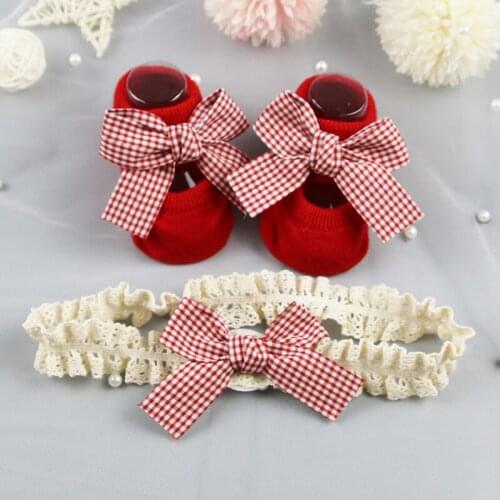 2Pcs Dot Bowknot Newborn Baby Socks Headband Set Soft Baby Boys Girls Anti Slip Socks Birthday Gift