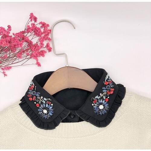 New Fashion Women Colorful Rhinestone Collar White Black Chiffon Lace Peter Pan Fake Shirt Detachable Collar for womans dress