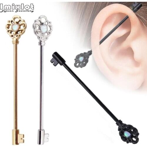 1PC Key Style Stainless Steel Industrial Barbell Earrings 38cm Long Bar Cartilage Helix Ear Piercing 1.6mm Body Piercing Jewelry