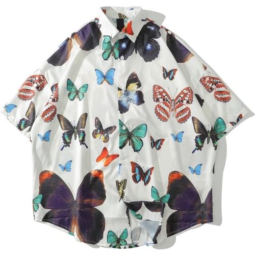 Butterfly Street Fashion Mens Shirt Oversized Hip Hop Shirt Summer Turn-down Collar Shirts For Male