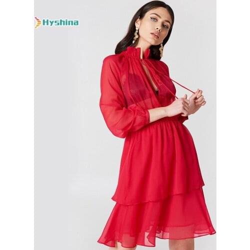 Lace-up High-neck Long-sleeved Chiffon Sexy Dress Aesthetic Mid Dress Girl