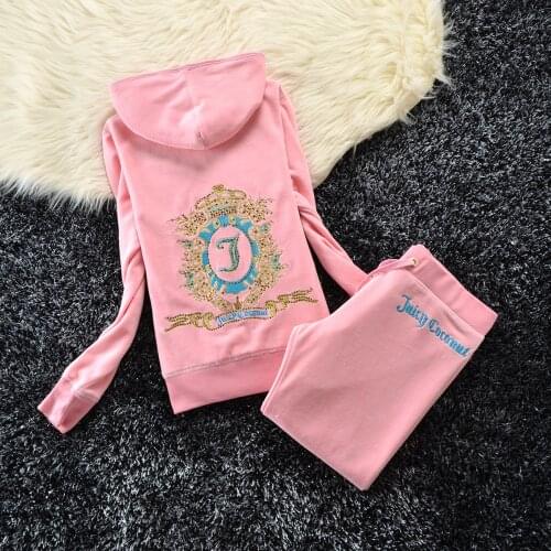 Juicy Coconut Brand Embroidery Diamonds Women Sporting Suits Slim Velvet Casual Womens Tracksuits Hooded Collar Sportswear suit