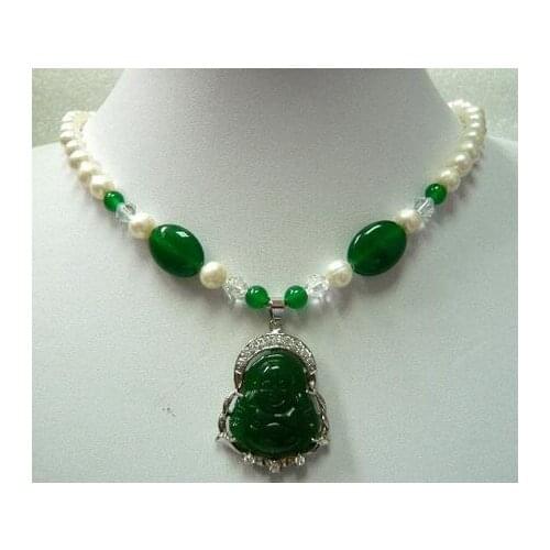 Green jade/7-8MM pearl necklace Buddha/Guanyin lucky pendant
