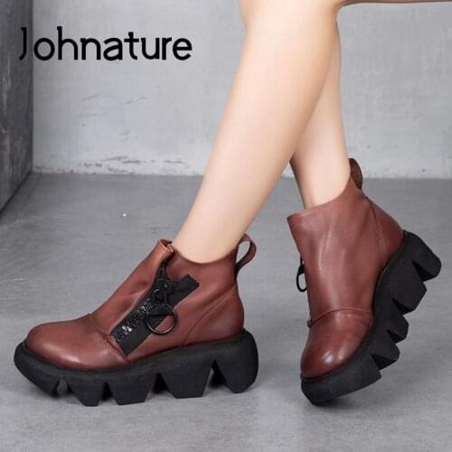 Johnature Ankle Women Boots Zip Winter 2021 New Women Shoes Genuine Leather Round Toe Handmade Retro Concise Platform Boots