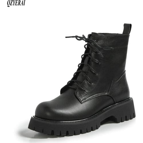 2020 autumn and winter Genuine leather Female boots Riding boots Womens boots warm cowhide Lace-up shoes Size 34-39