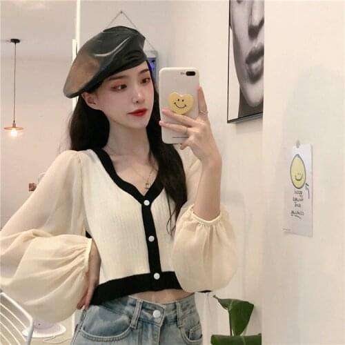 Woman Sweaters Autumn Stitching Chiffon Long-Sleeved Sweater V-neck Short Sweater For Women