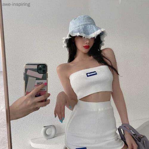 Summer New Fashion Knitted Two pieces Set Tube Top Vest Western Split Black Skirt Suit for Women Sexy Mini White Sports Style