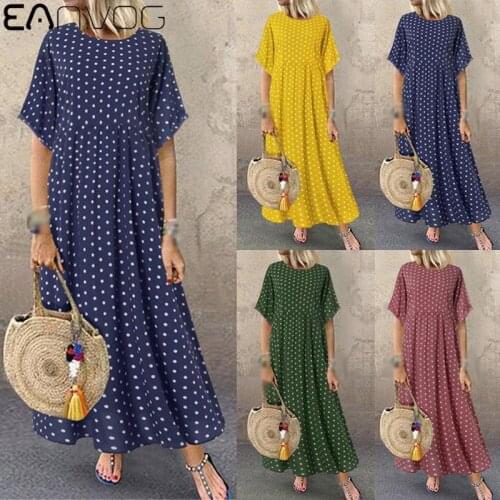 Women Dress Retro 2021 Summer Polka Dot Print O Neck Maxi Beach Holiday Casual Loose Long Dress Sundress Pleated Dress Plus Size