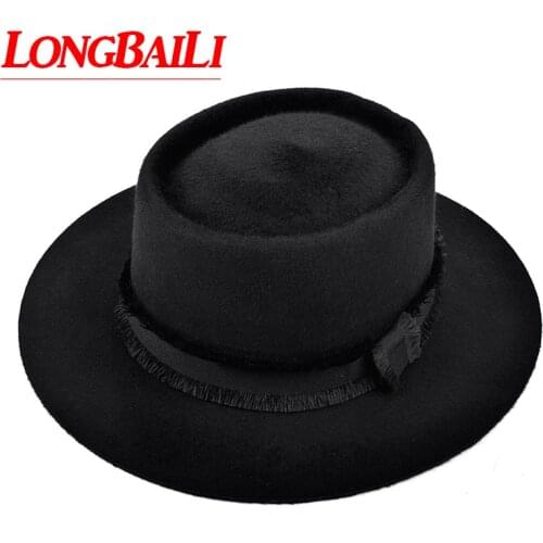 Winter Black Unisex Men Wool Felt Hats Women Wide Brim Flat Top Hats Chapeu Fedoras Free Shipping BMDW020