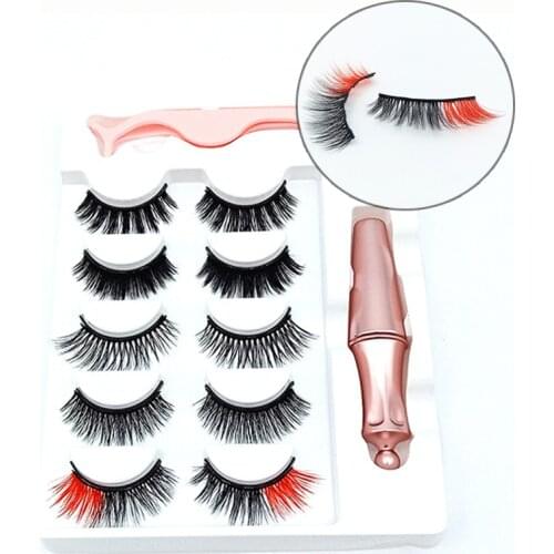 4/5 Pairs Colored Magnetic False Eyelashes Waterproof Eyeliner Tweezer Set Thick Mixed Style Colorful Magnetic Fake Eyelashes