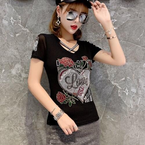 #5983 Black Basic T Shirt Women Diamonds Sexy V Neck Womens Tee Shirts Casual Short Sleeve T-shirt Female Hollow Out Summer 2021