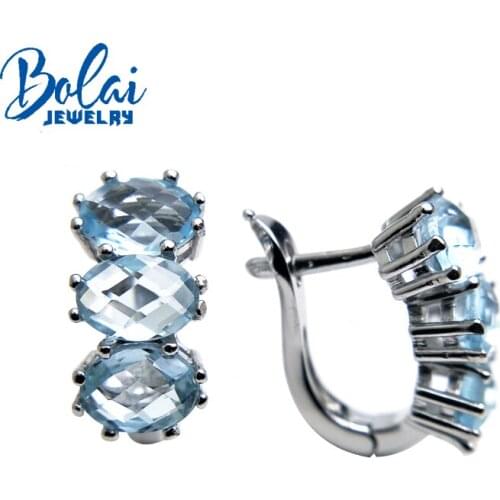 Bolaijewelry,natural sky blue topaz oval 5*7mm brio cut gemstone clasp earring 925 sterling silver fine jewelry women gift box