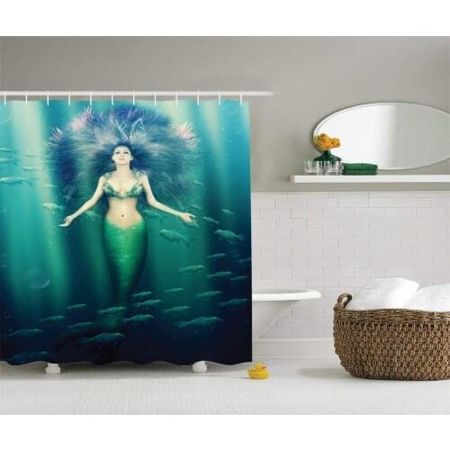 Mermaid Decor Shower Curtain Mermaid with Fish in Sunbeams Sunlights Magical Underwater World Bath Curtains For Bathroom Bathtub