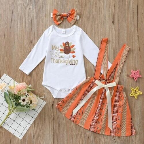 Spring Autumn Baby Set Thanksgiving Firebird Letters Rompers + Suspender Skirt + Headband Three-piece Suit for Girl