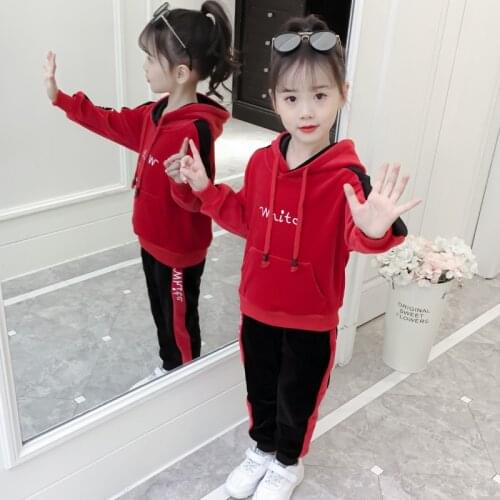Childrens plush and thickened sweater set autumn and winter boys' and girls' gold velvet hooded sports two piece set