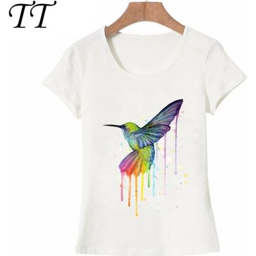 Humming bird Watercolor Rainbow T-Shirt Summer fashion Women T Shirt hipster ladies Tops high quality casual maiden Tees