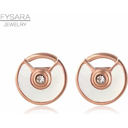 FYSARA Stainless Steel Enamel Natural Shell Circle Earrings For Women Love Luxury Brand Zirconia Crystal Round Stud Earrings