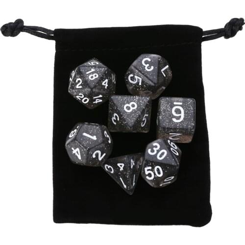 7Pcs White Words Dices Translucent Polyhedral Dices Black with Bag Set D4-D20 Outdoor Home Gathering Games Dice