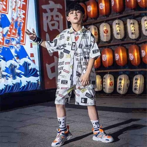 Kids Handsome Hiphop Short Sleeve T-Shirt Shorts Suit Boys Jazz Dance Costumes Girl Ballroom Street Dance Drum Show Set XS1486