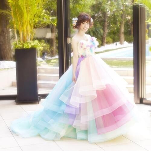 Colorful Rainbow 3D Flower Tulle Bridal Dresses Puffy A-line Ruffles Long Prom Gowns Off The Shoulder Formal Dress