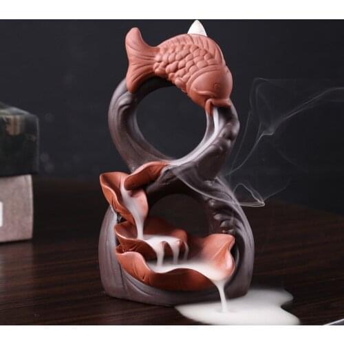 Goldfish Backflow Incense Burner Lotus Incense Machine Buddhism Decoration Ceramic Incense Base for Home Smell Removing Tool