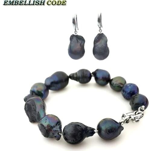 Bracelet hook dangle earrings set baroque style big size black color nucleated flame ball shape pearl trendy nice for women
