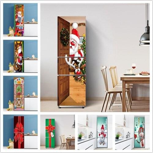 Santa Claus Poster For Refrigerator Door New Years Fridge Door Mural Waterproof PVC Merry Christmas 3D Kitchen Decoration Decals