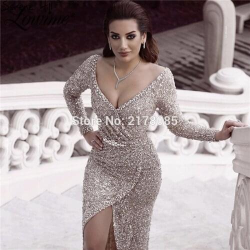 Luxury Silver Diamond Evening Dresses Long Sleeve Arabic Dubai Sequin Sparkle Mermaid Party Dress 2019 Couture Prom Abendkleider